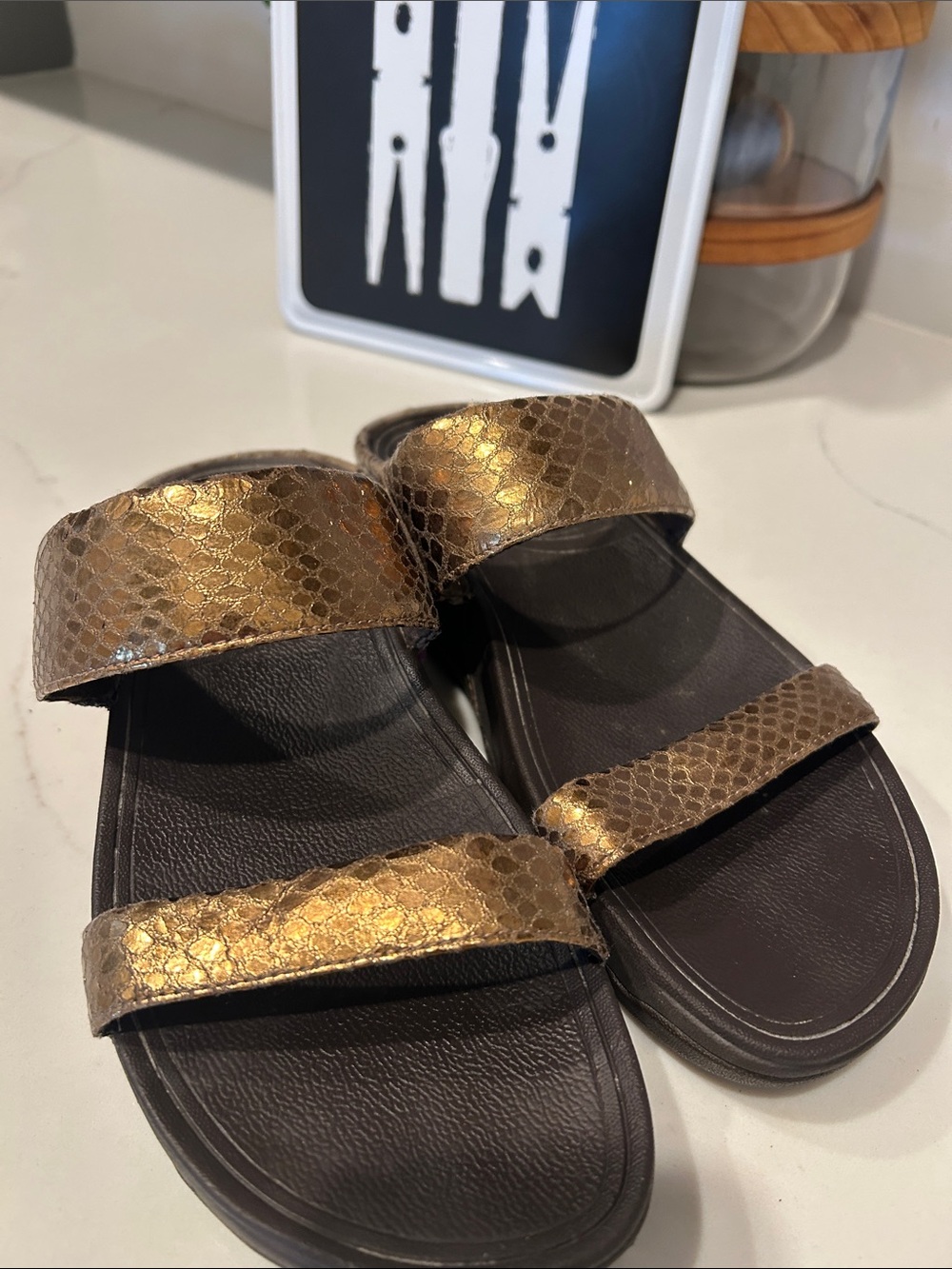 Fitflop Metallic Gold Snake-Embossed Double Strap Slide Sandals